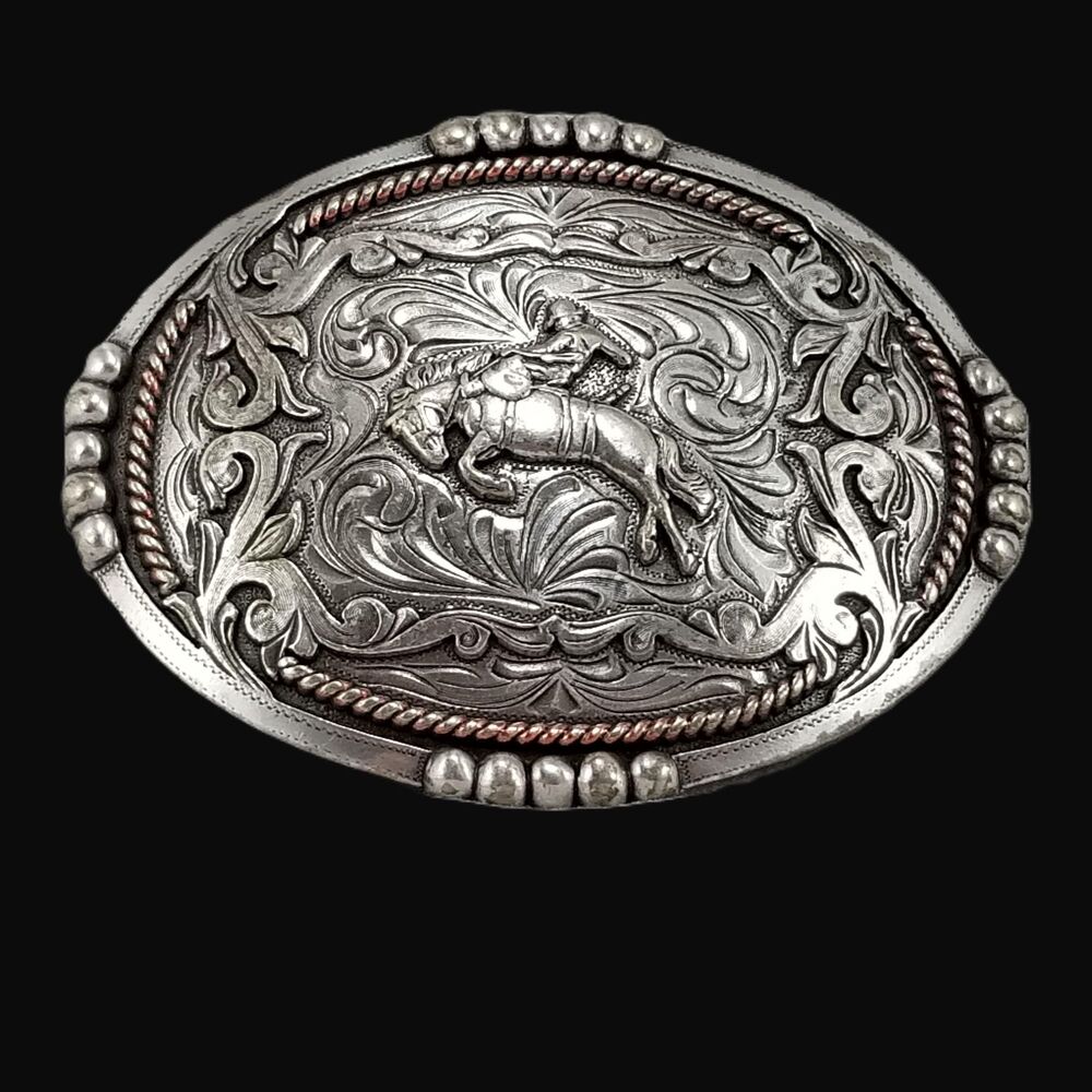Bronco Rider Western Belt Buckle, Engraved Scroll Rodeo Design - Picture 4 of 10